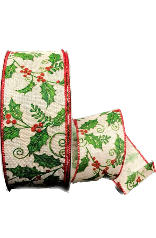 50 Yards - 2.5” Natural Background Holly Berry Christmas Ribbon