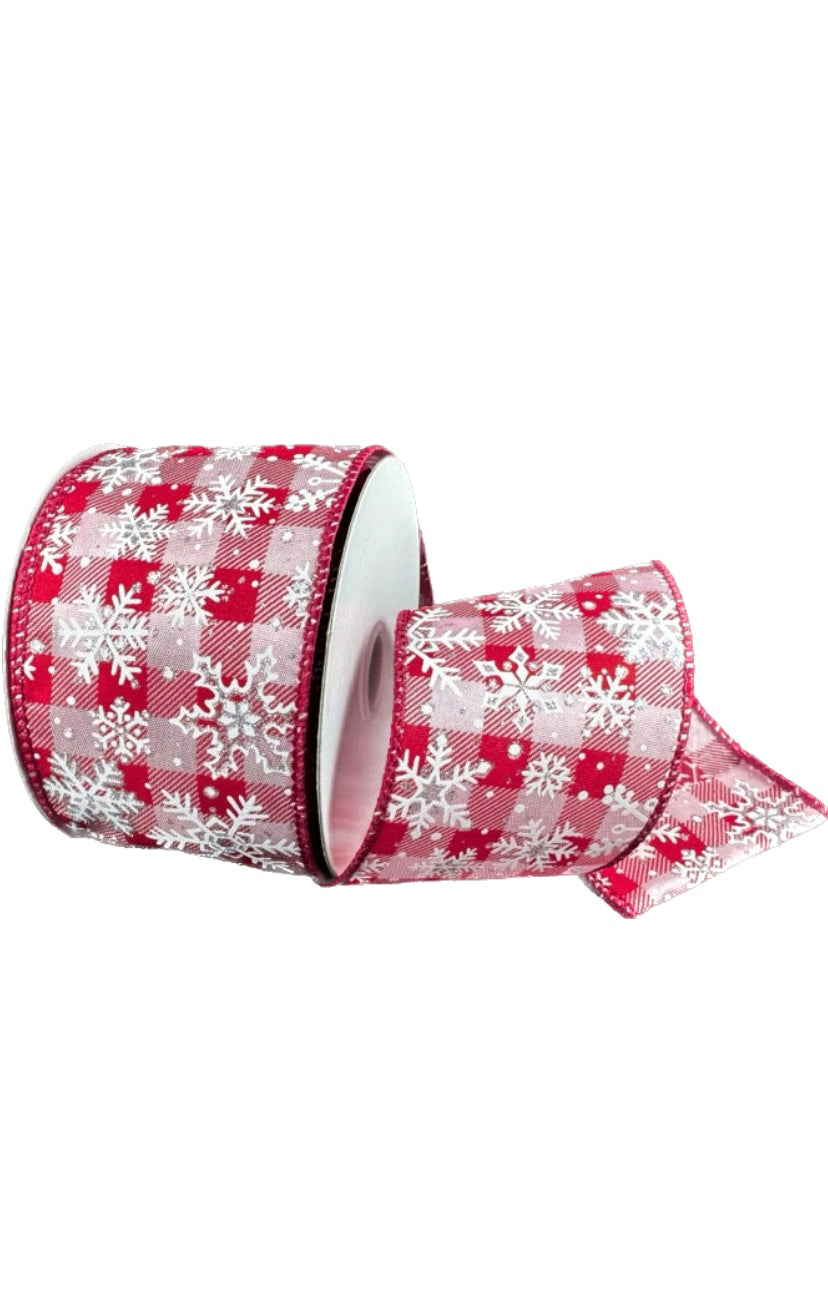 Wired Red and Pink Check Satin Snowflake Ribbon-2.5”x10 Yards