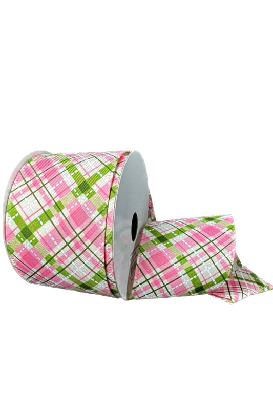 10 Yards - 2.5" Wired Pink,Green, and White Diagonal Cabot Printed Plaid Ribbon