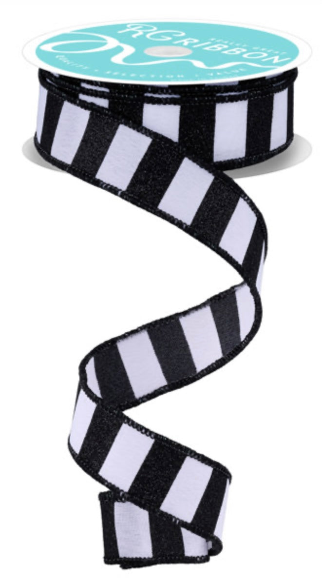 Wired White with Black Horizontal Stripe Glitter Accent Ribbon- 7/8”x10 Yards