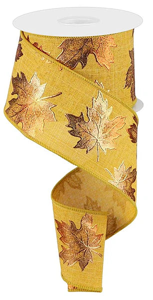 10 Yards - 2.5” Wired Goldenrod Background with Orange Foil Fall Leaves Ribbon