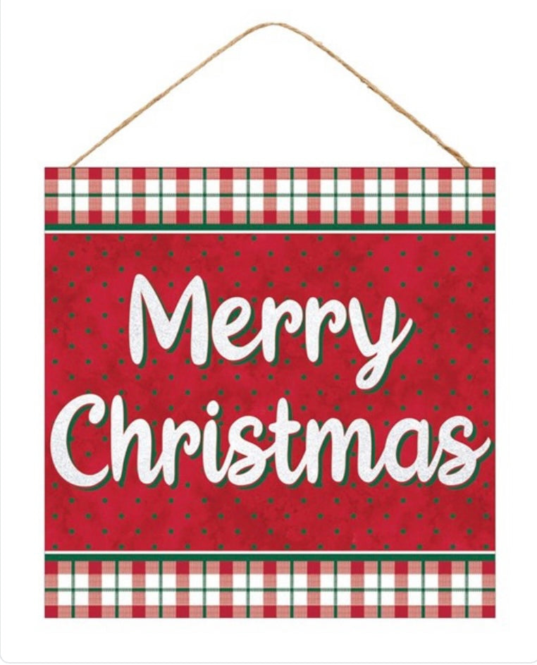 10” Square Merry Christmas Plaid Border Wreath Sign