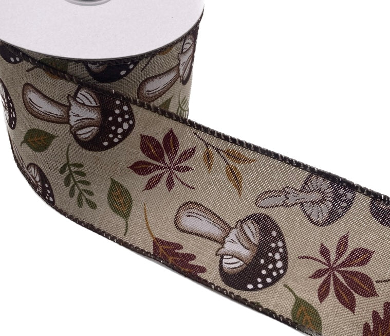 10 Yards - 2.5" Wired Natural Linen Earthy Fall Mushrooms Ribbon