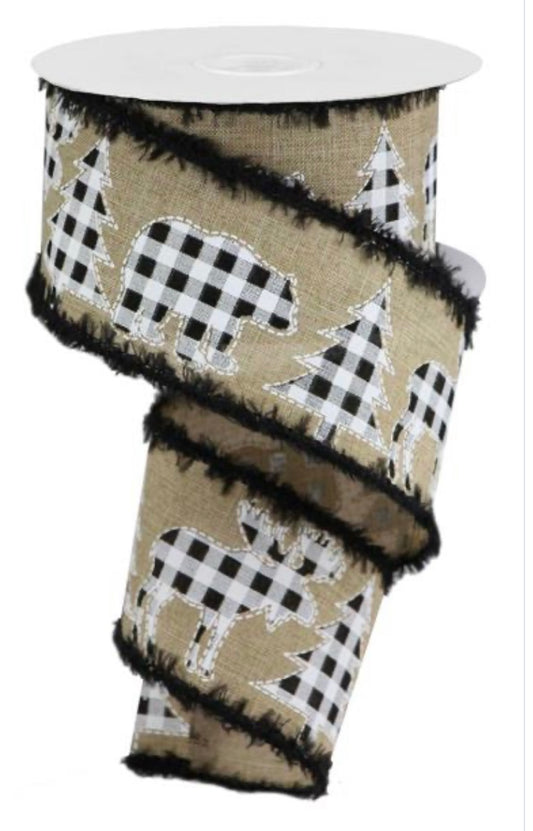 10 Yards - 2.5" Wired White and Black Check Moose, Tree and Bear with Snowdrift Edge Ribbon