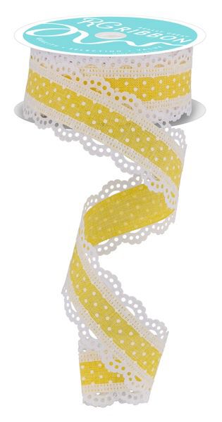 10 Yards - 1.5” Wired Yellow and White Swiss Dot with Lace Edge Ribbon
