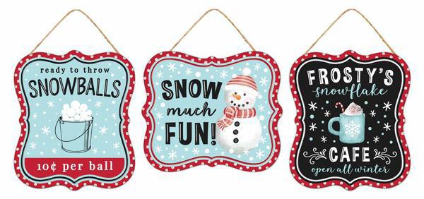 7”x6” Three-Piece Tin Snow Much Fun, Frosty’s Snowflake Cafe, Snowballs Embossed Wreath Signs