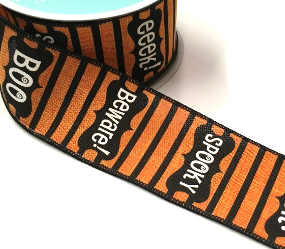 Wired Orange and Black Stripe Boo Halloween Ribbon with Black Fuzzy Edging - Eeek Ribbon - Spooky Ribbon -2.5x10 Yards