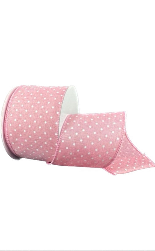 Wired Pink Linen Swiss Dot Ribbon- 2.5”x10 Yards