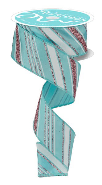 Wired Ice Blue, White, and Rose Glitter Swirl Stripe Ribbon - Christmas Ribbon - Winter Ribbon- 1.5”x10 Yards