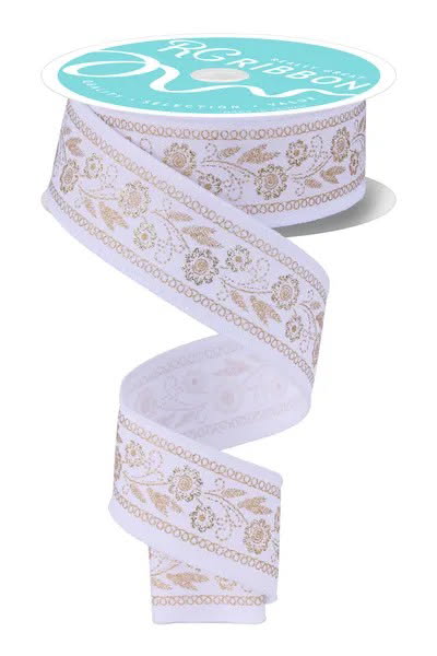 Wired White and Gold Embroidered Style Floral Ribbon- 1.5”x10 Yards