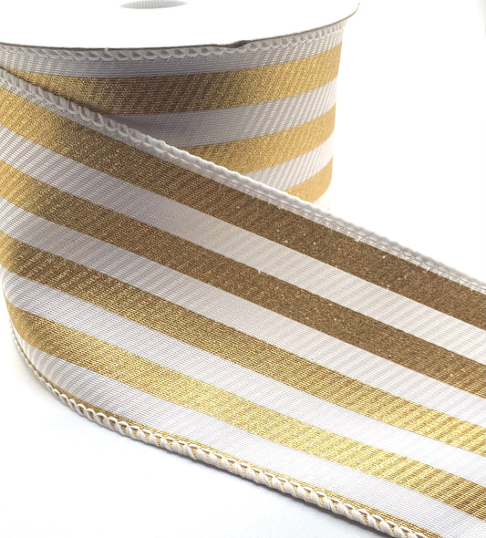 10 Yards - 2.5” Wired White and Gold Painted Cabana Strip Ribbon