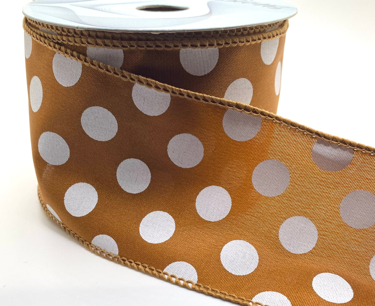 10 Yards - 2.5" Wired Copper and White Polka Dot Satin Ribbon