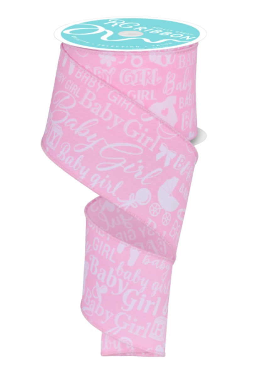 10 Yards- 2.5” Wired Baby Girl Pink and White Ribbon