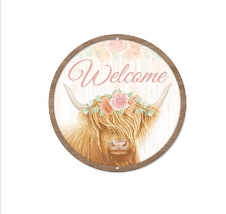 8” Round Metal Cow Welcome Wreath Sign