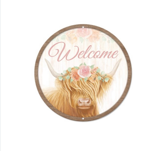 8” Round Metal Cow Welcome Wreath Sign