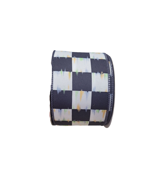 10 Yards - 2.5" Wired Black and White Large Check Ribbon