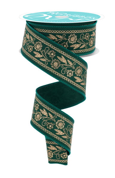Wired Emerald Green Embroidered Style Floral Ribbon- 1.5”x10 Yards