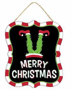 7”x6” Metal Tin Green Monster Legs Merry Christmas Sign