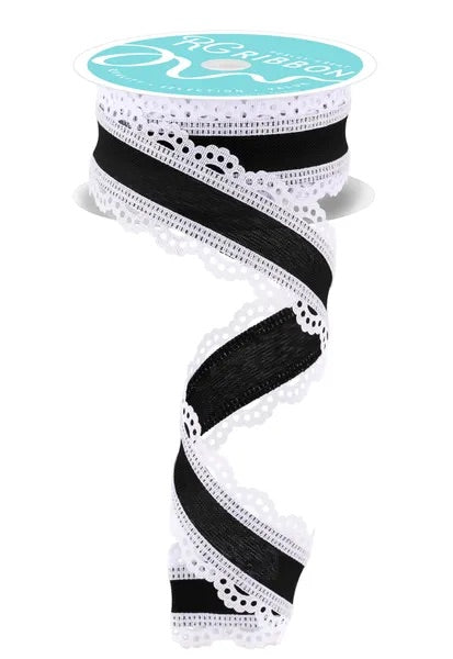 Wired Black Ribbon with White Lace Detail-1.5”x10 Yards