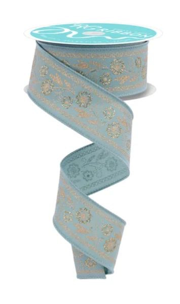 Wired Sage Green Embroidered Style Floral Ribbon- 1.5”x10 Yards