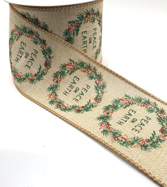 10 Yards - 2.5” Wired Natural Linen Peace on Earth Ribbon