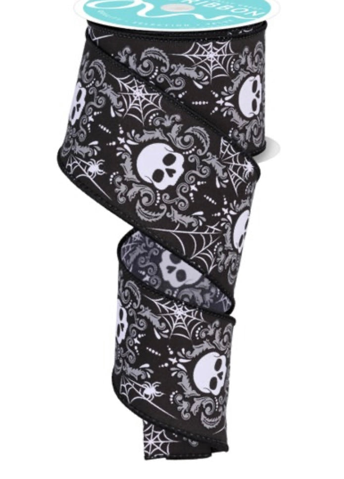 10 Yards - 2.5” Wired Black Gray and White Skull Ribbon