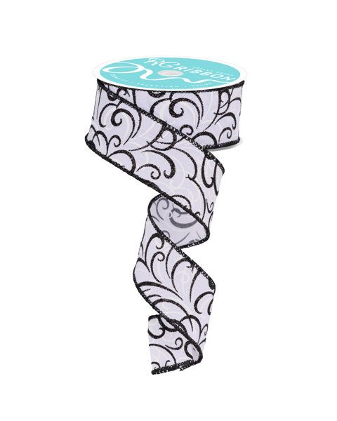 10 Yards - 1.5” Wired Gray, Black, and White Multi Swirl Glitter Ribbon