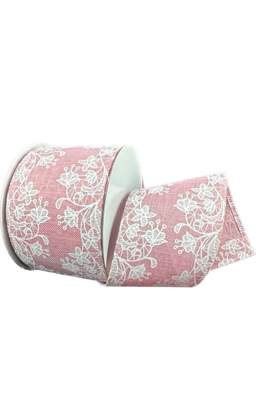 Wired Mauve Background White Floral Ribbon-2.5”x10 Yards