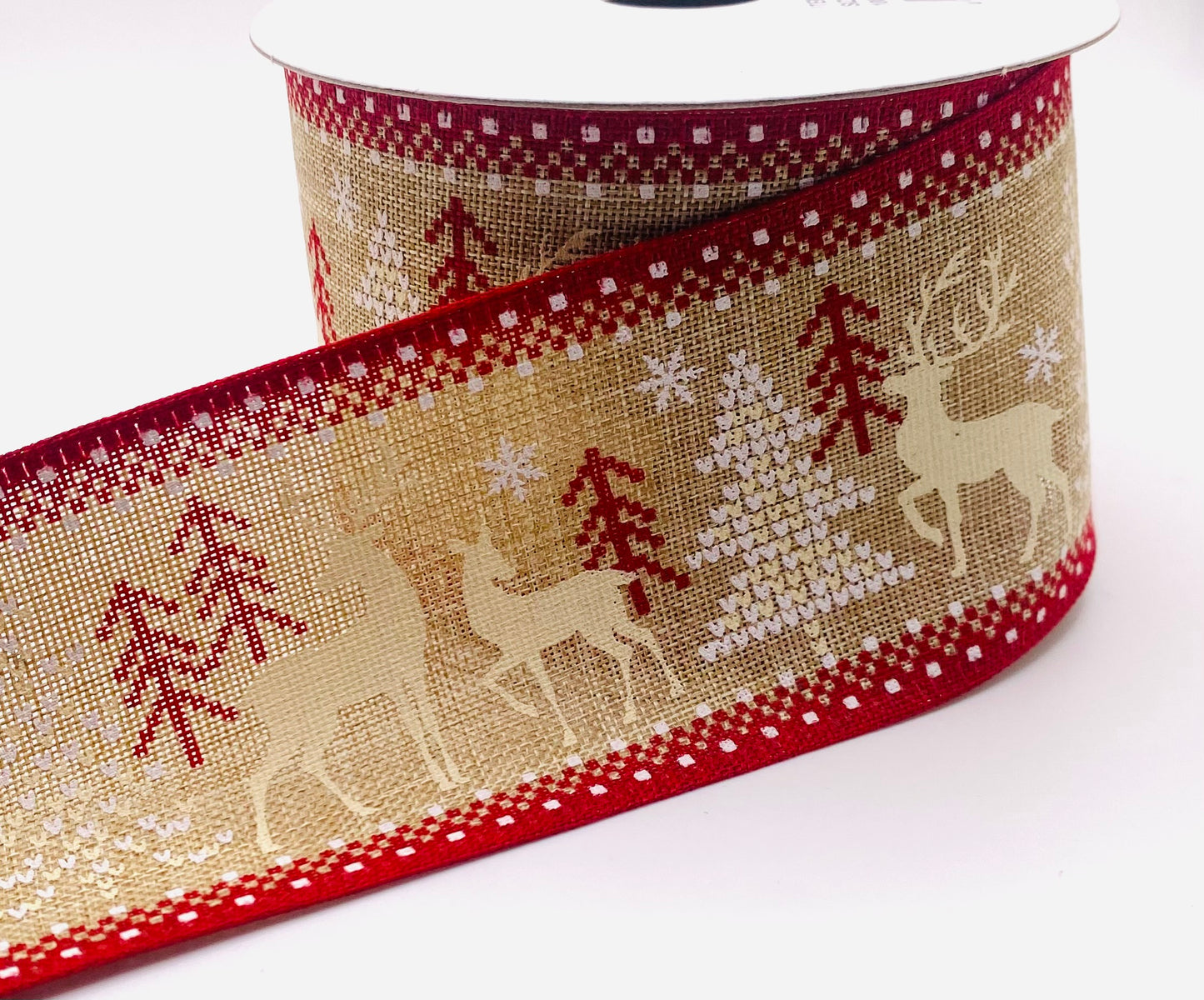 10 Yards - 2.5” Wired Natural Linen Red Ivory White Deer Sweater Print Ribbon