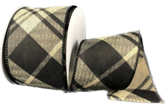 10 yards - 2.5" Natural and Black Diagonal Check Ribbon