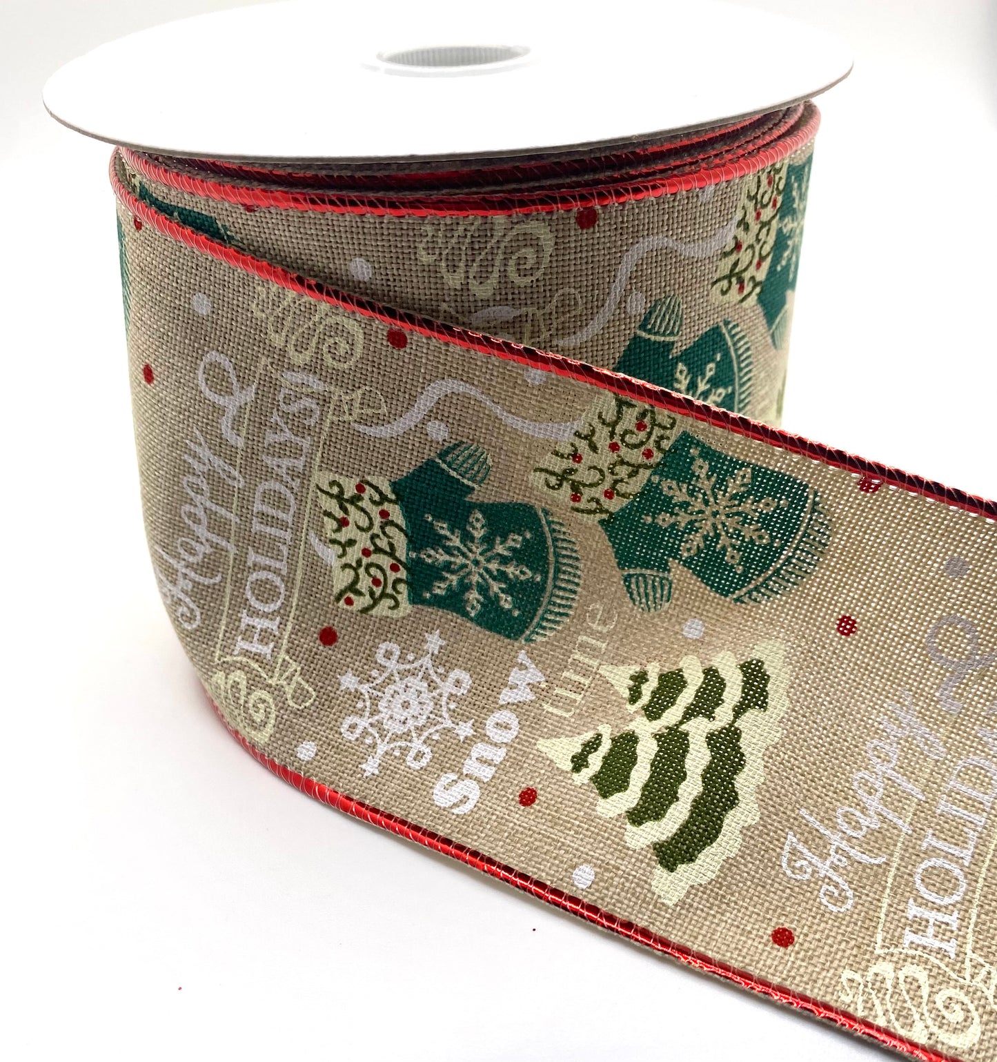 10 Yards - 2.5” Wired Natural Mittens and Trees Happy Holidays Ribbon