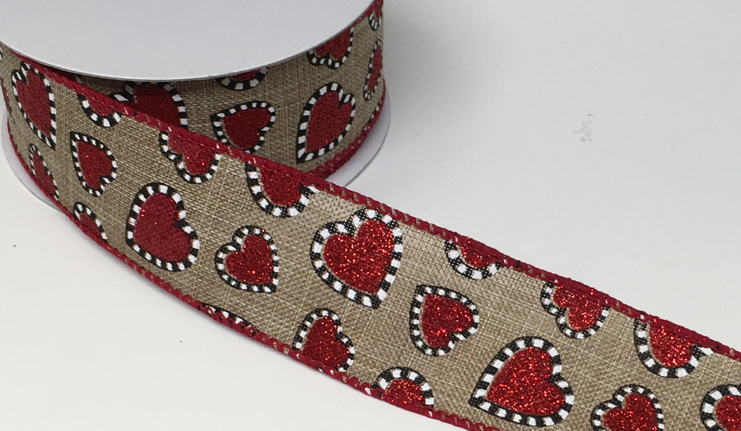 10 Yards - 1.5" Wired Natural background Valentines Day Heart Ribbon with Glitter Accent