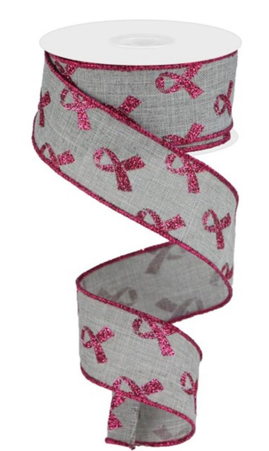 10 Yards - 1.5” Wired Gray Background Breast Cancer Awareness Ribbon with Glitter Accent