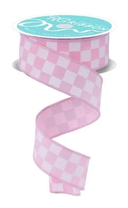 Wired Pink and White Print Glitter Check Ribbon- 1.5”x10 Yards