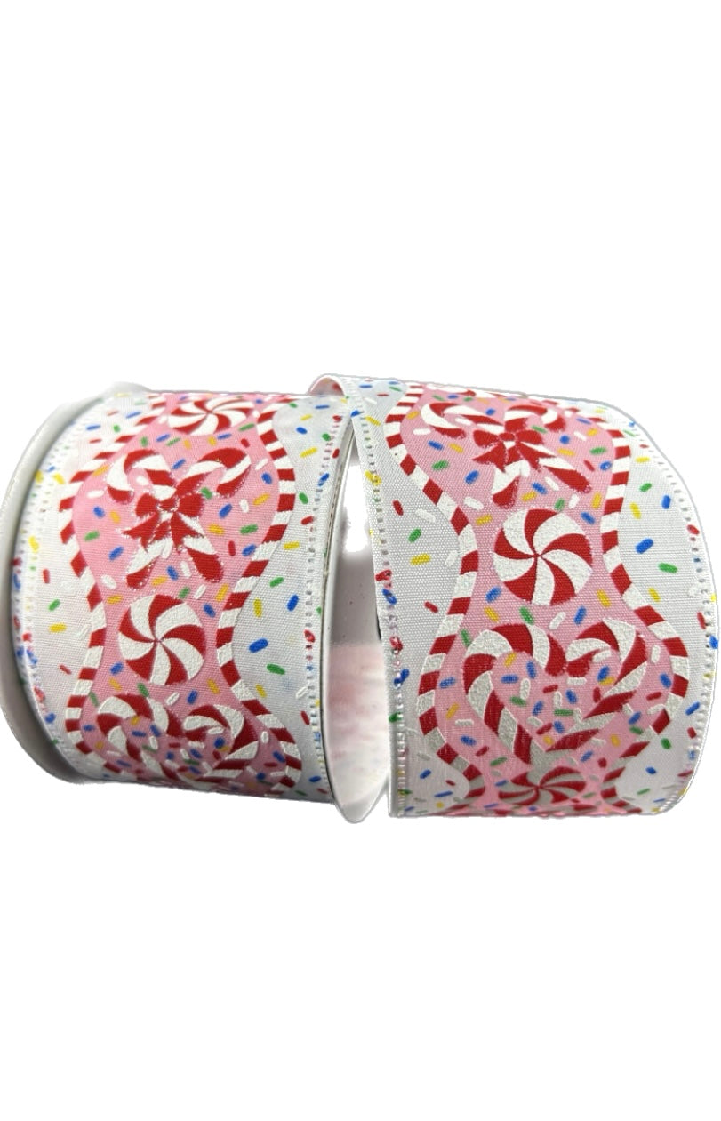 Wired Pink Background Peppermint Candy with Sprinkles Christmas Ribbon- 2.5”x10 Yards