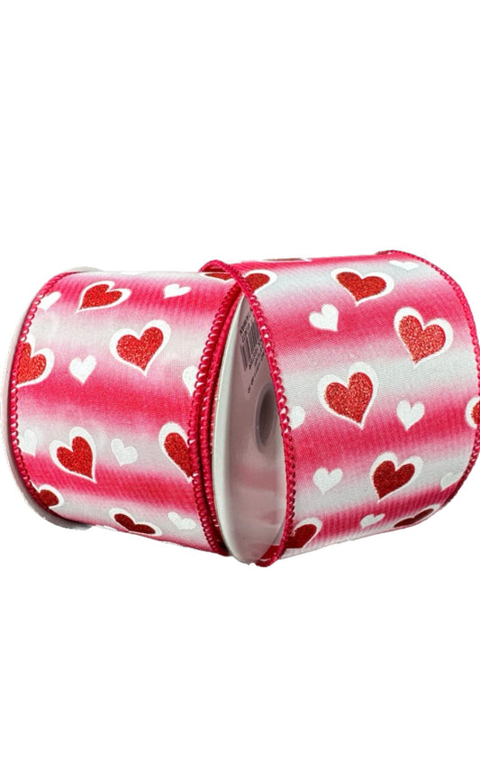 Wired Red and White Ombre Stripes Hearts Glitter Accent Valentines Day Ribbon- 2.5”x10 Yards