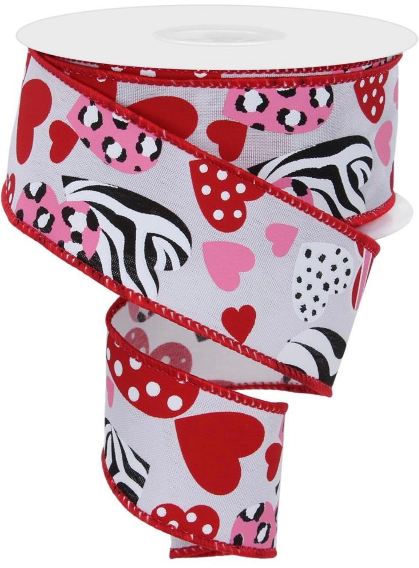 10 Yards - 1.5” Wired White Background Animal Print Valentines Day Heart Ribbon