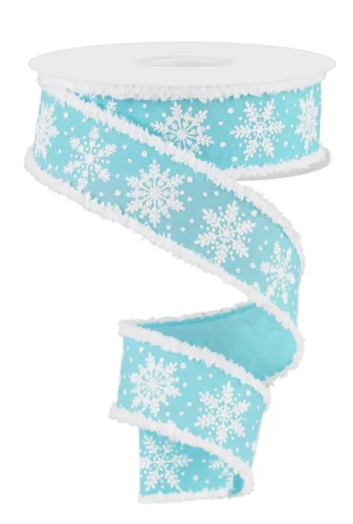 Wired Ice Blue and White Winter Snowflake Ribbon with Snowdrift Edge- 1.5”x10 Yards