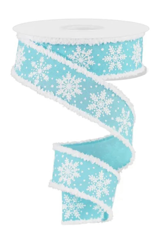 Wired Ice Blue and White Winter Snowflake Ribbon with Snowdrift Edge- 1.5”x10 Yards