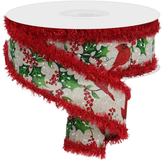 10 Yards - 1.5" Wired Natural Background Cardinal Holly Berry Christmas Ribbon with Glitter Accent and Red Drift Edge