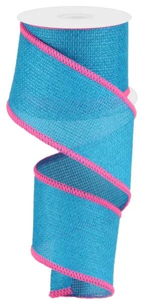Wired Turquoise Cross Royal Burlap Pink Edge Ribbon-2.5”x10 Yards