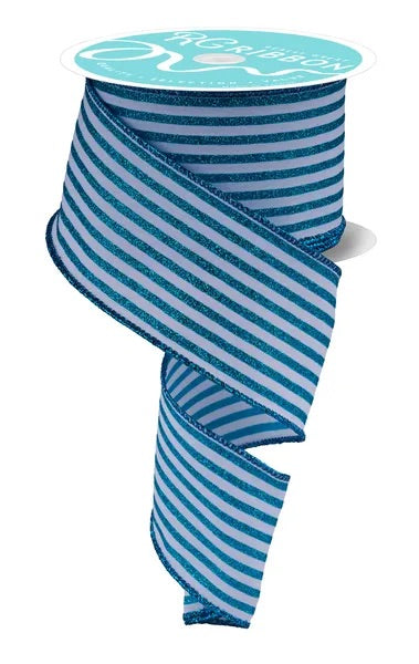 Wired Turquoise and White Vertical Stripes Ribbon- 2.5”x 10 Yards