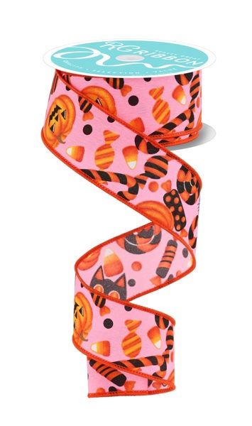 10 Yards - 1.5” Wired Pumpkin Cat Candy Pink Background Ribbon