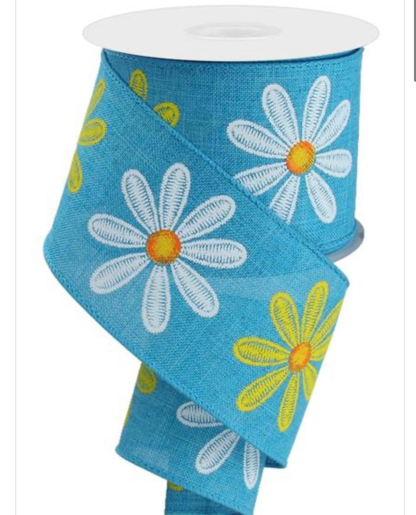 2.5”x 10 Yards Wired Faux Embroidered Daisy with Turquoise Background Ribbon