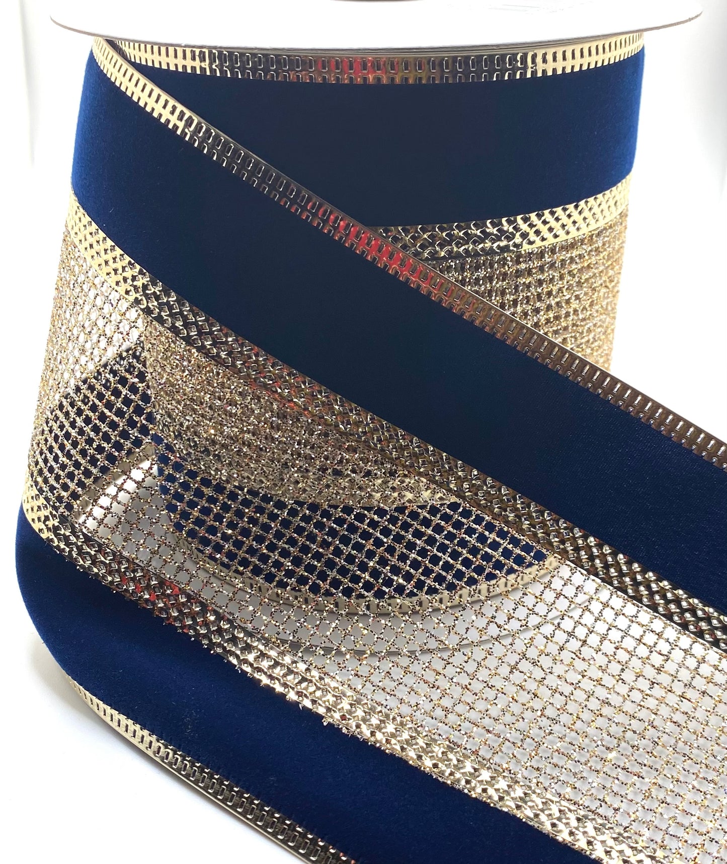 4” x 10yd Wired Gold Glitter Net with Gold Metallic Navy Velvet Edge Ribbon