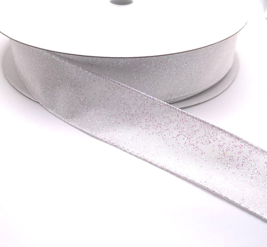 50 Yards - 1.5” Wired Satin White with Pink Glitter Ribbon