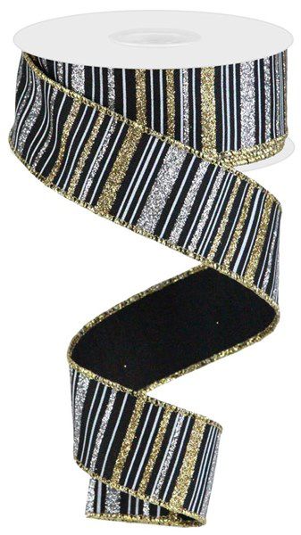 10 Yards - 1.5” Wired Black, White, Gold, and Silver Glitter Stripe Ribbon