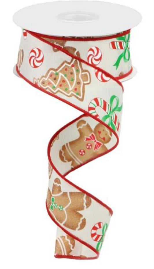 10 Yards - 1.5” Wired Gingerbread Cookie and Candy Ribbon