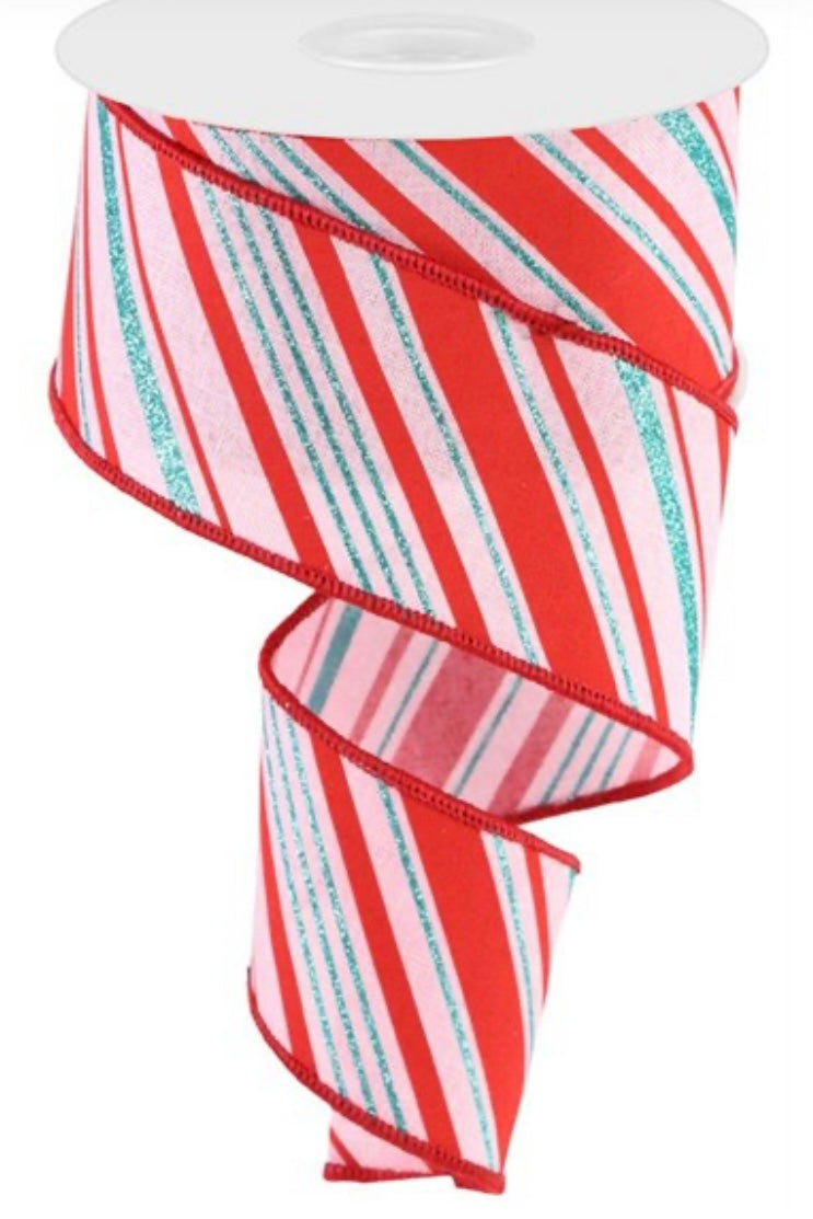 10 yards - 2.5" Wired Pink Red and Blue Peppermint Diagonal Stripe Ribbon