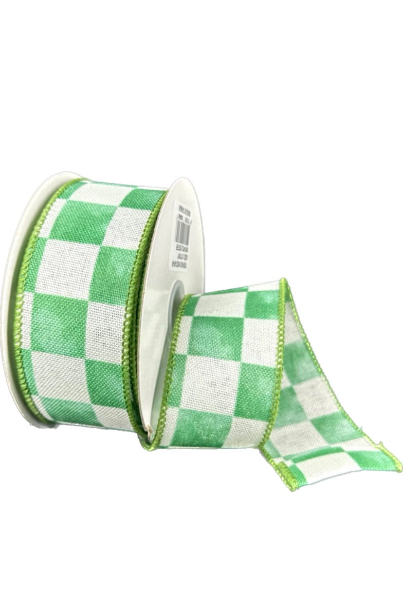 Wired Ivory Linen Sage Watercolor Check Ribbon- 1.5”x 10 Yards